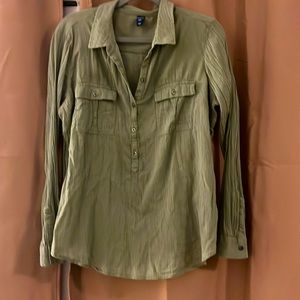Sage green half button up long sleeve blouse